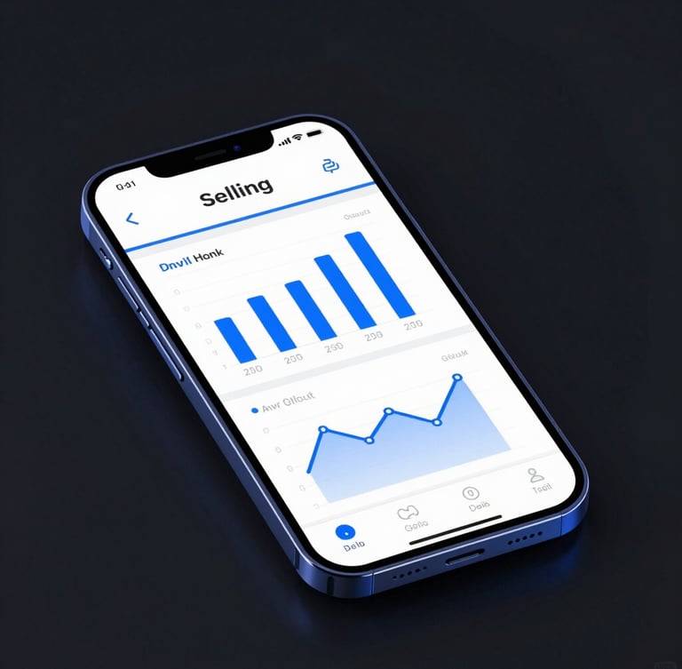 Sleek 3D render of a clean mobile UI interface showing offline data charts, vibrant electric blue accents, high-contrast dark background
