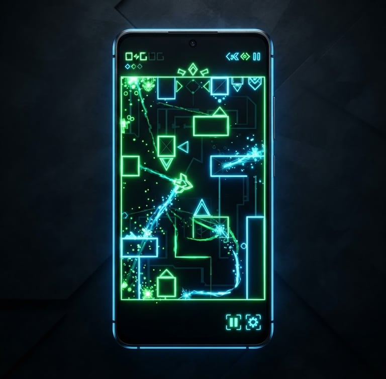 Sleek 3D render of a modern Android phone, front-on alignment, displaying a vibrant neon green casual arcade game interface on screen. Deep charcoal background, electric blue edge-glows, high-contrast studio lighting.