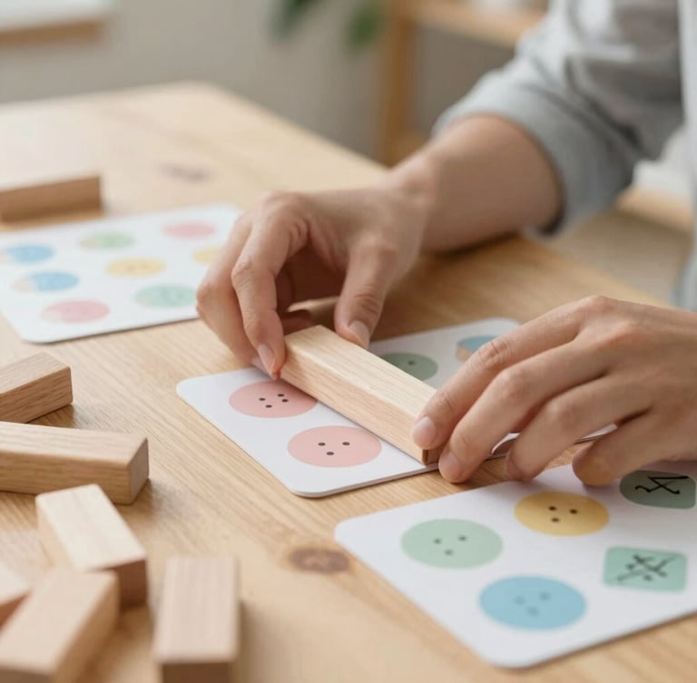 Close-up of an educator's hands organizing wooden counting blocks and structured printable cards on a light oak table, soft-focus natural daylight, warm editorial style.