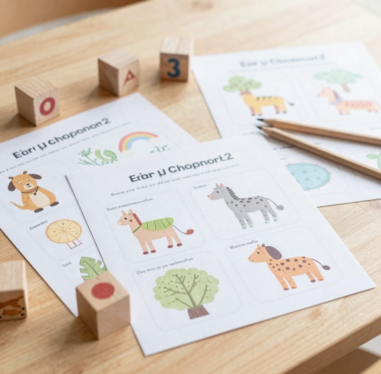 Overhead flat-lay of printed early childhood activity sheets, wooden counting blocks, and colored pencils on a light oak table, bright soft natural daylight, shallow depth of field