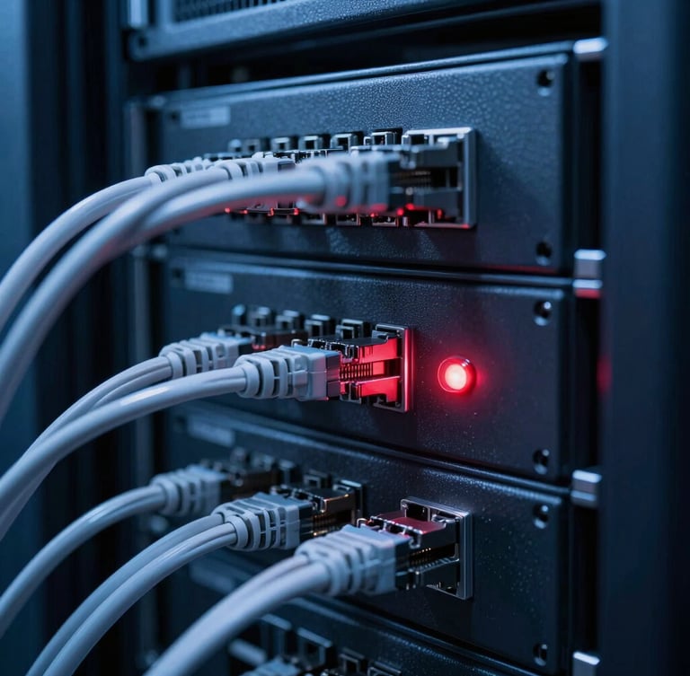 Macro shot of a dark server rack console with a glowing red status light, clean structured Ethernet cables, cool blue technical lighting, blueprint aesthetic