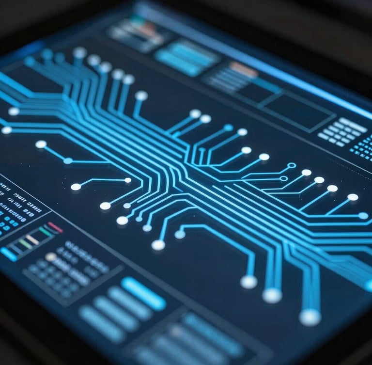 Extreme close-up of a dark, reflective glass UI interface, glowing blue circuit paths trace across structured technical data, low-key side-lighting, sharp highlights