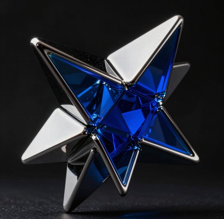 Extreme close-up of a dark 3D glass and chrome abstract sculpture reflecting deep blue light, sharp metallic edges, dark obsidian background, cinematic studio lighting