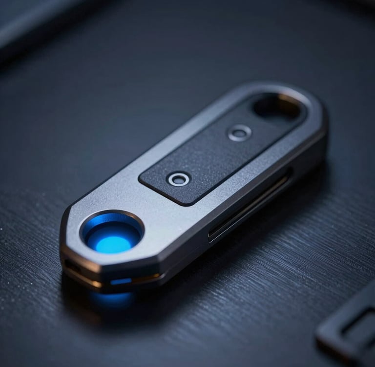 Macro close-up of a physical hardware security key glowing with subtle blue light, resting on a dark brushed metal surface, shallow depth of field