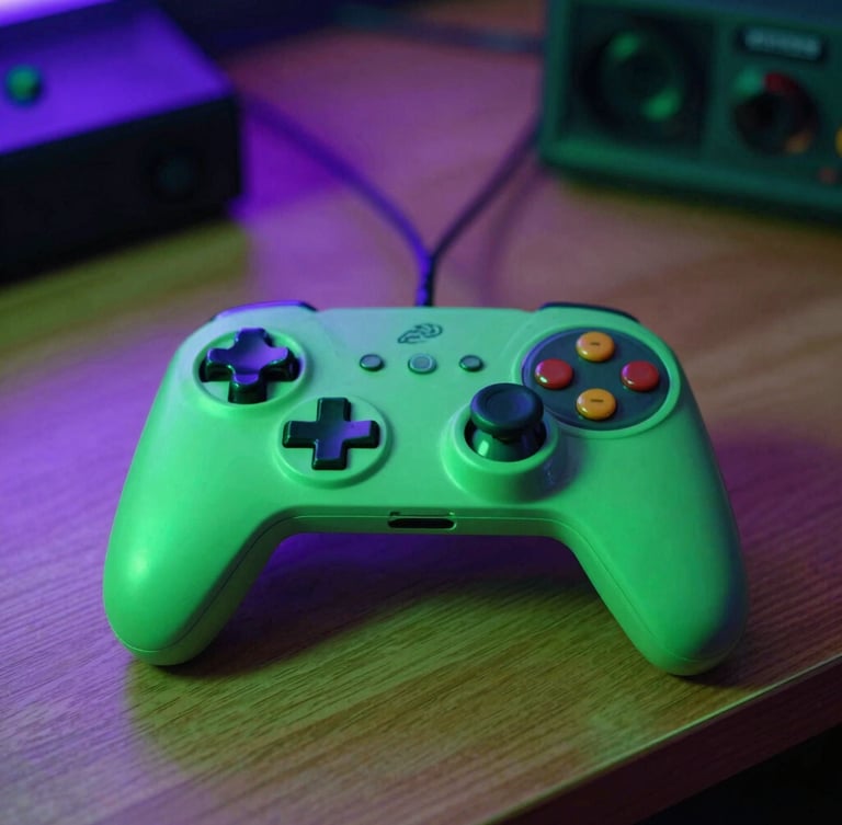 A close-up of a retro game controller resting on a wooden desk illuminated by toxic green and electric purple neon ambient light, 35mm lens