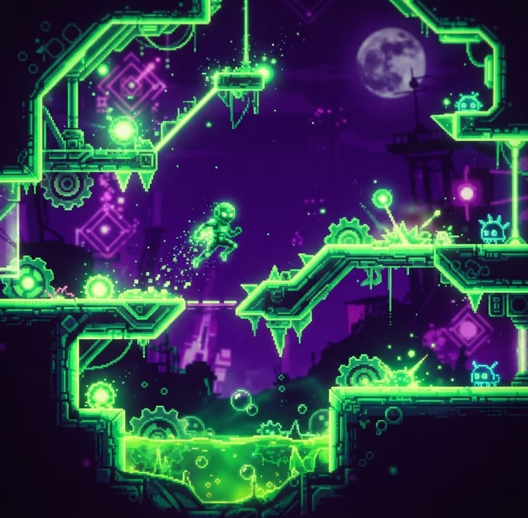 High-contrast screenshot of an indie platformer game, neon-lit toxic green graphics, electric purple background, vibrant arcade aesthetic, 35mm lens
