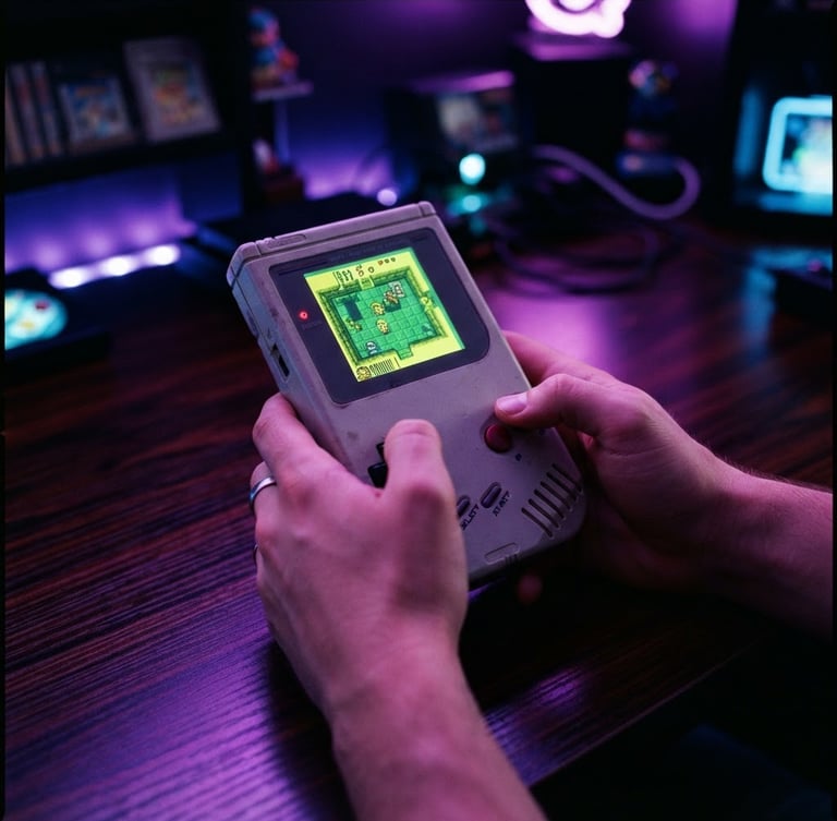 A close-up photograph of a gamer's hands holding a retro handheld console with a glowing green screen, neon purple ambient light reflecting on a dark wood desk, 35mm lens.