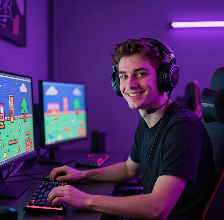 A warm portrait of a smiling Turkish gamer in their late 20s wearing headphones, sitting in front of a glowing monitor with retro pixel art on screen, neon purple ambient light.