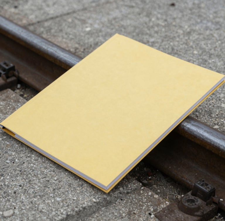 Close-up of a high-quality technical documentation folder resting on a concrete rail platform, overcast daylight, desaturated steel tones, 35mm