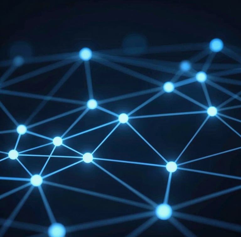 Macro abstract close-up of digital network connections, glowing blue light paths on a dark navy background, representing artificial intelligence integration, cinematic 35mm