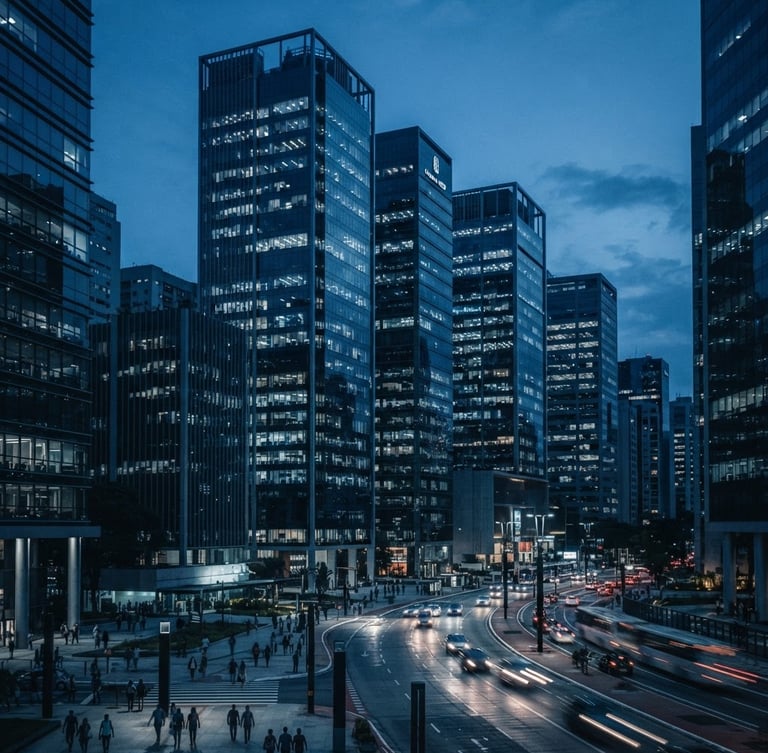 Cinematic corporate photography of modern Faria Lima glass skyscrapers at dusk, cool blue tones, sharp architectural focus, 35mm