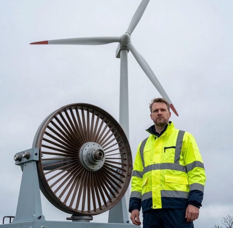 An environmental portrait of a safety director in a high-visibility jacket standing near a wind turbine hub under overcast Swedish skies, professional 35mm photography.