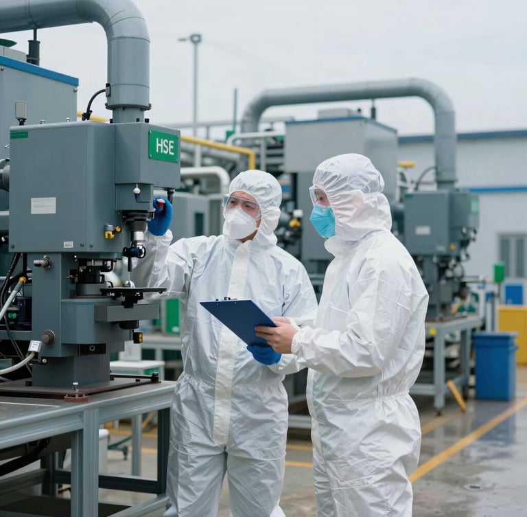 Industrial editorial photography, natural overcast daylight, a professional HSE consultant in clean high-spec PPE inspecting a modern manufacturing plant, 35mm