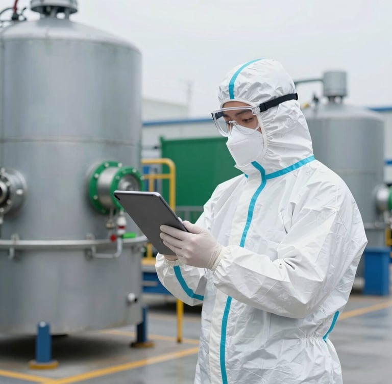 A professional HSE manager in high-spec PPE standing on an industrial manufacturing floor, looking at technical specifications on a tablet, natural overcast light, 35mm.