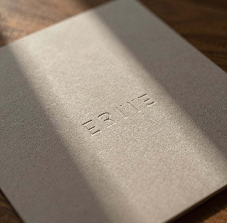 Close-up macro shot of embossed stationery on heavy cotton paper, soft indirect window daylight casting gentle shadows, warm walnut tones.