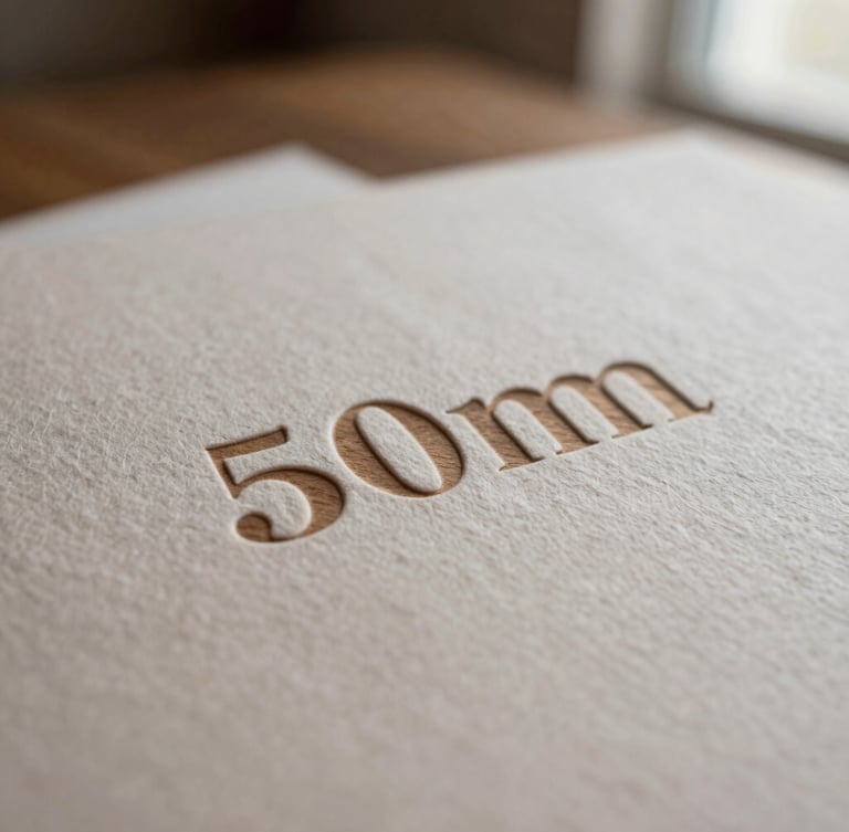 Close-up macro shot of embossed stationery on heavy cotton paper, soft indirect daylight highlighting tactile paper textures and clean typography, warm walnut tones, 50mm lens.