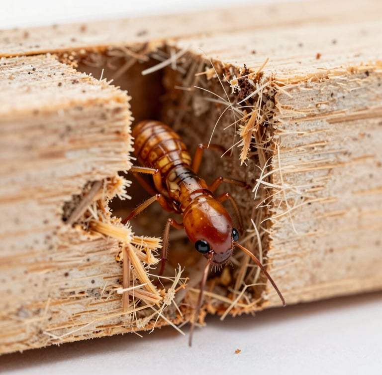 Macro photograph of drywood termite damage inside a structural wooden beam, clean clinical lighting, sharp details of wood fibers.