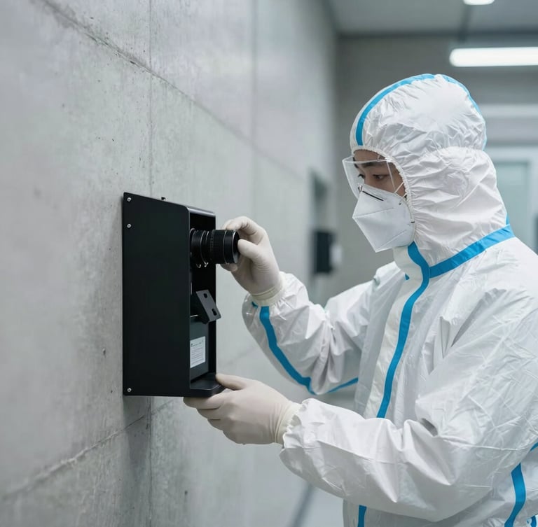 A professional technician in a clean white protective suit and mask placing a secure, tamper-resistant black bait station against a concrete wall, bright clinical lighting.