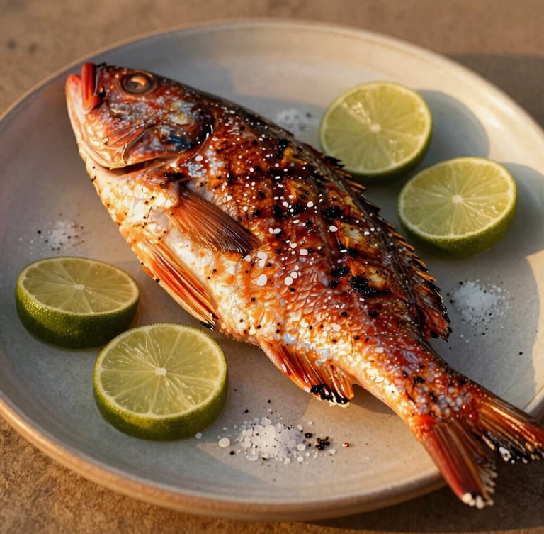 An editorial close-up of a perfectly grilled red snapper on a rustic ceramic plate, garnished with local lime and sea salt, warm golden-hour light, 35mm