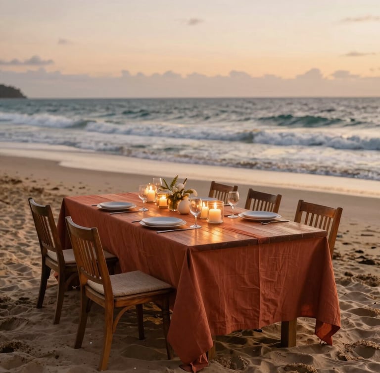 Wide-angle editorial shot of an elegant long wooden dining table set on Kiwengwa Beach at golden hour, terracotta linens, warm candlelight, ocean waves in the background, shallow depth of field, 35mm