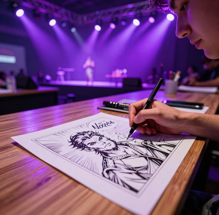 Dynamic low-angle shot of a comic artist sketching at a wooden table, vibrant neon purple ambient lighting, high contrast ink lines visible on the page, 35mm