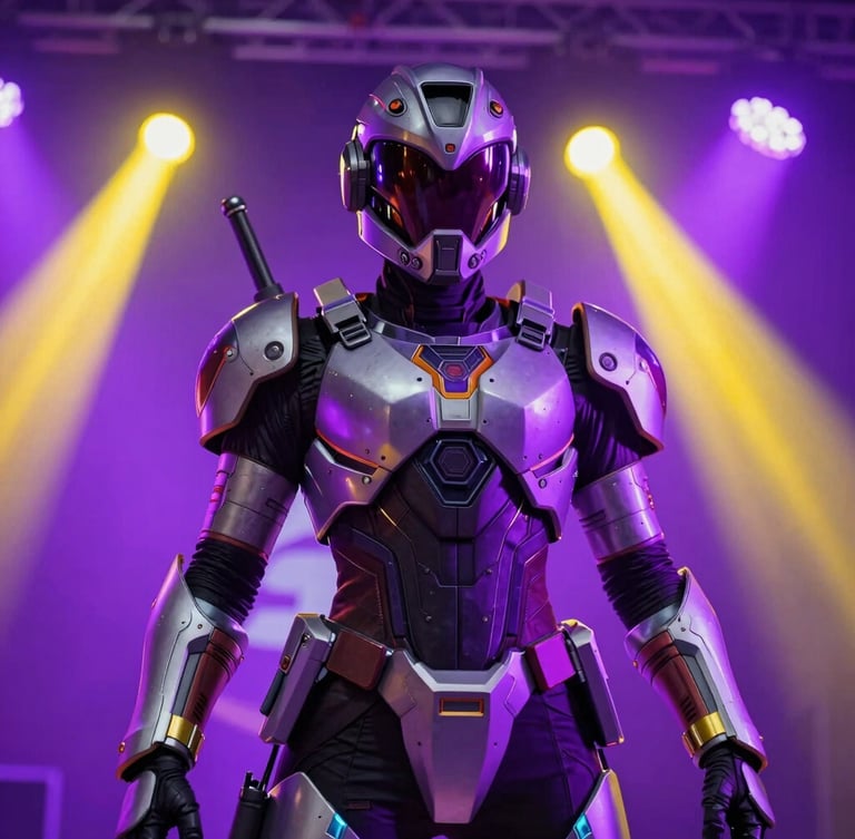 Vibrant close-up of a cosplayer in highly detailed futuristic armor under dramatic neon purple and yellow stage spotlights, high contrast event photography, 35mm