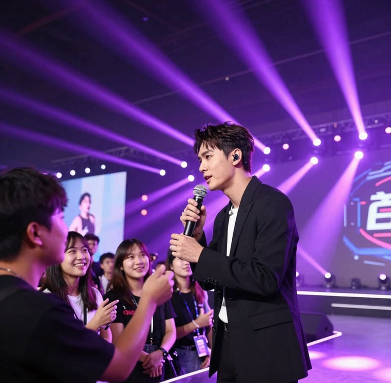 Low-angle dynamic shot of a celebrity guest interacting with smiling fans on a brightly lit convention stage, electric purple spotlights, vibrant energy, 35mm.