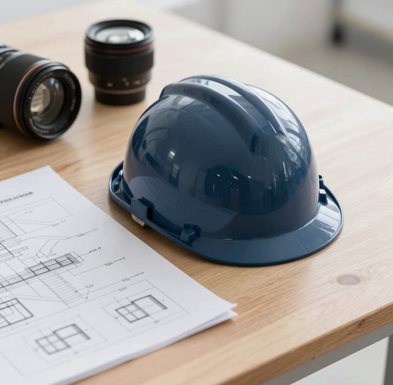 Close-up of technical schematics and safety equipment on a clean wooden table, natural cool daylight, sharp focus.
