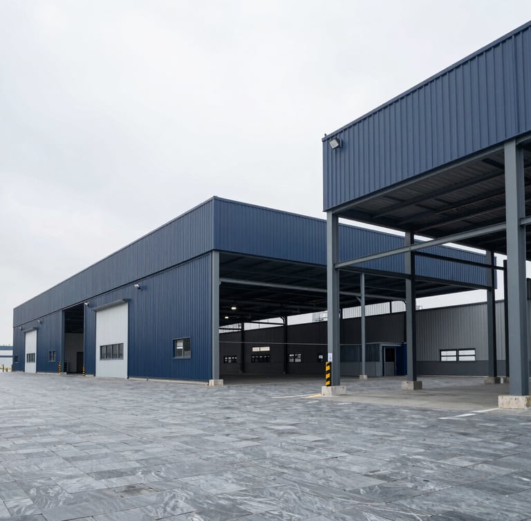 Wide environmental shot of a modern clean industrial logistics facility with structured steel architecture under bright overcast daylight, cool slate tones, sharp focus, 35mm lens