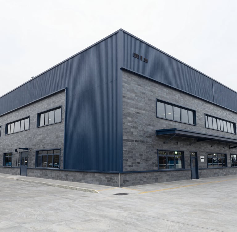 Wide environmental shot of a modern clean industrial facility with structured architectural lines, bright overcast daylight, cool slate tones, 35mm lens.