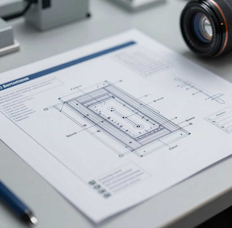 Close-up macro shot of technical schematics and safety documentation on a clean industrial desk, cool slate tones, sharp focus, 35mm lens