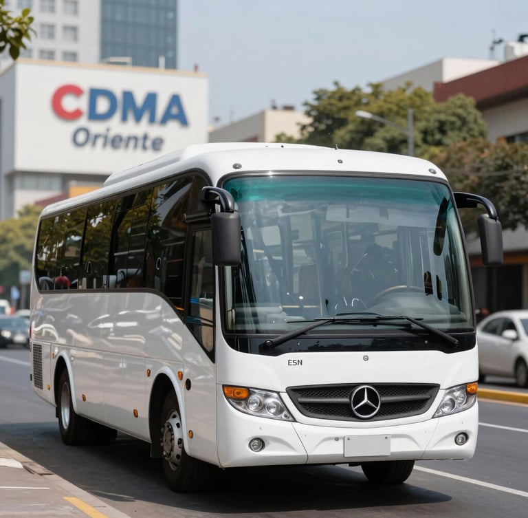 Sharp commercial vehicle photography of a modern Mercedes-Benz bus, clean profile shot, bright natural daylight, CDMX Oriente backdrop, editorial depth of field