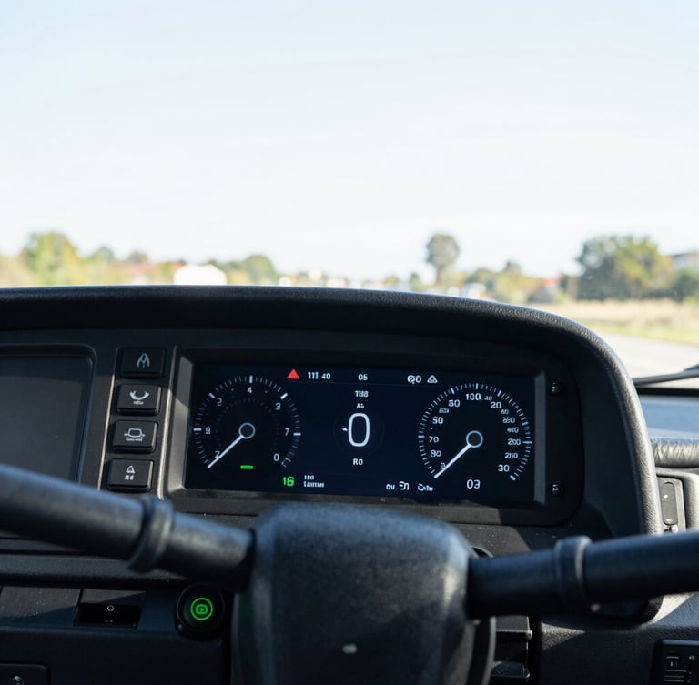 Close-up of a modern bus dashboard safety features, digital instrument cluster, clean and professional driver cabin, bright daylight