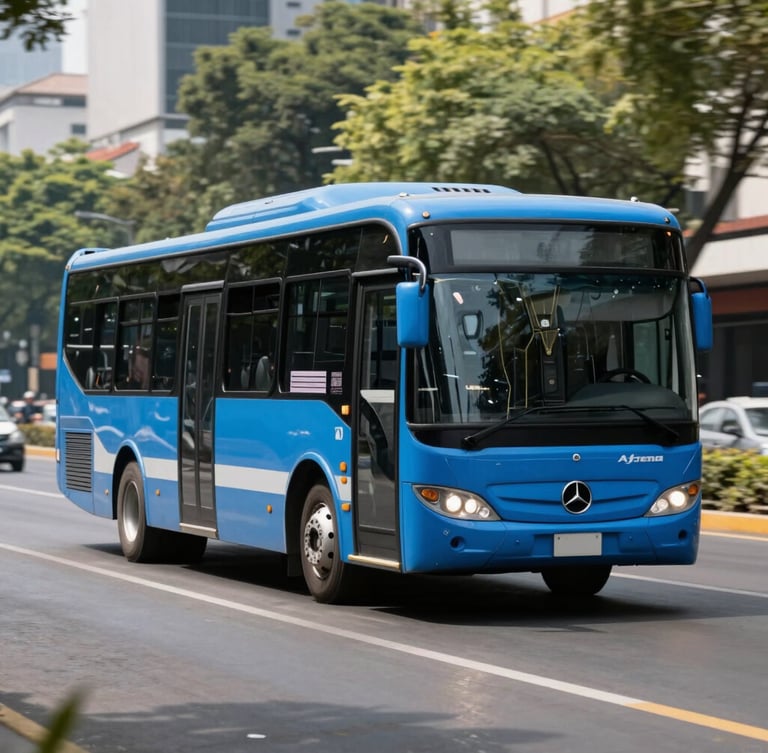 Wide environmental shot of a modern clean blue Mercedes-Benz passenger bus driving on an urban avenue in Mexico City, bright natural daylight, clean high-contrast tones, professional vehicle photography