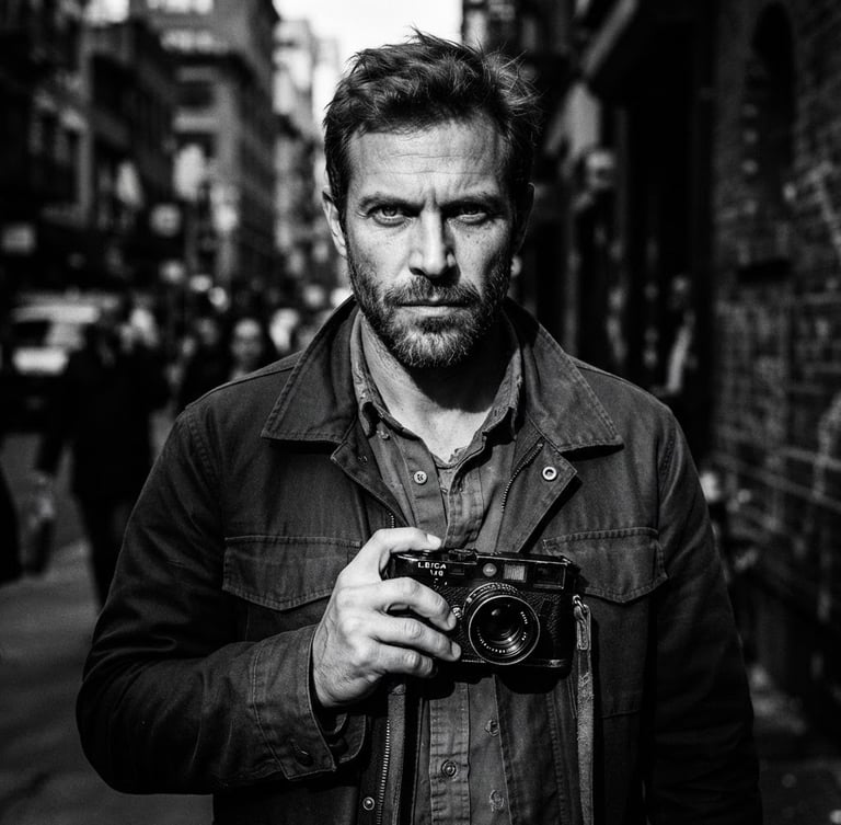 High-contrast black and white portrait of Beto Vaz, intense gaze, holding a vintage film camera, urban texture in soft focus background, harsh natural light, cinematic, 35mm film grain
