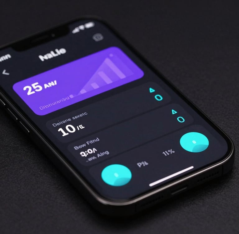 Macro photo of a high-fidelity mobile UI mockup displaying live system metrics in electric violet and neon cyan on a matte black flagship screen, low-key studio lighting.