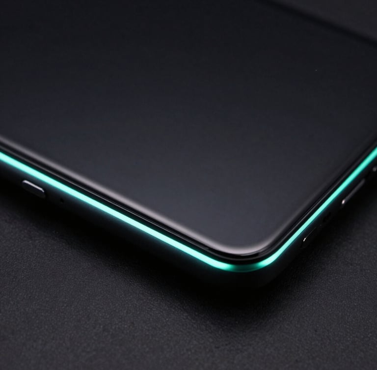 Extreme macro shot of a sleek matte black Android flagship device, vibrant neon-cyan edge-lights reflecting off the curved glass screen, dark-mode studio lighting.