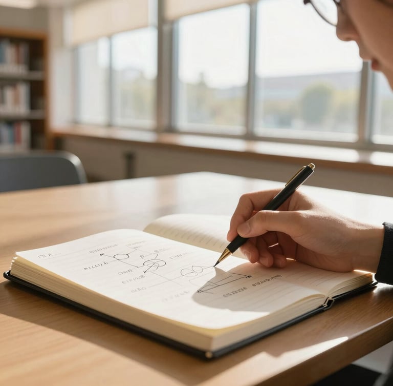 A focused student studying in a modern university library with warm natural window light, close-up of a notebook with handwritten strategic plans, shallow depth of field