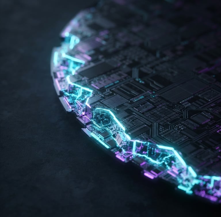 Macro shot of a silicon wafer, sharp violet edge-lighting, dark slate tones, extreme depth of field.