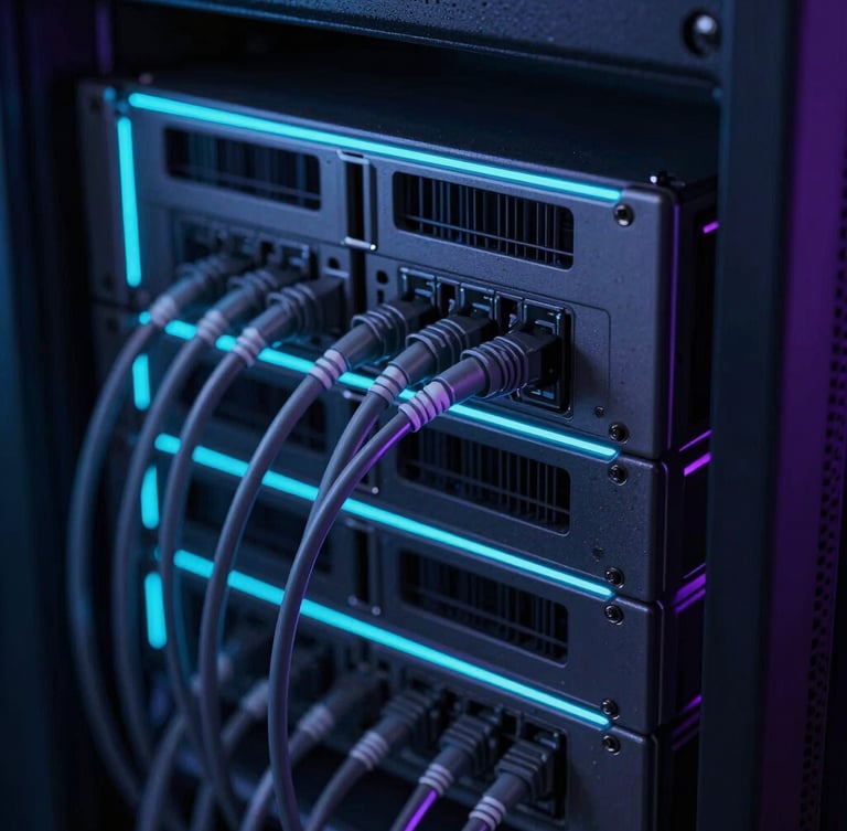 Macro close-up of server racks with clean cable management, sharp cyan edge-lighting, dark slate tones, low-key dramatic studio lighting.