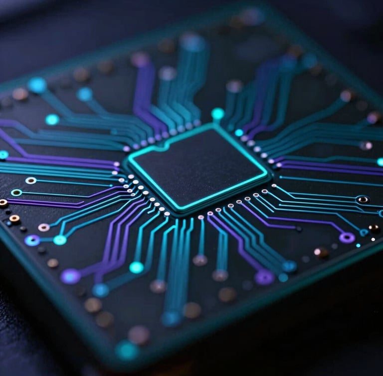 Macro close-up of intricate silicon wafer circuitry with sharp cyan and purple laser-line accents, shallow depth of field, dark background, evoking high-throughput data streams.