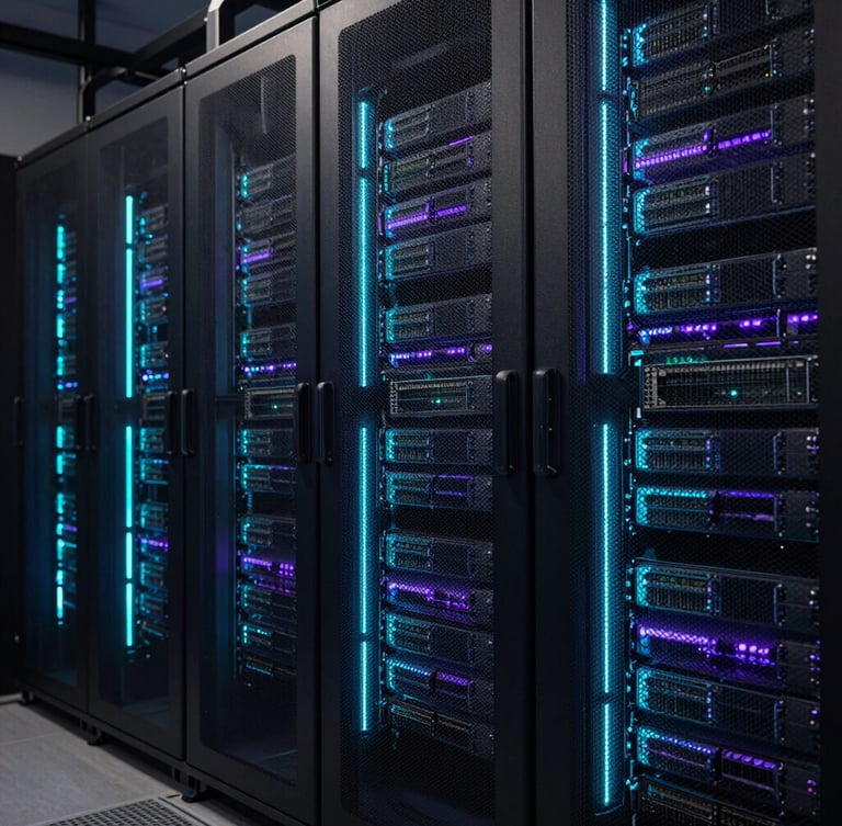 Wide, symmetrical architectural shot of a modern data center server rack, glowing cyan and violet edge-lights, dark slate tones, macro depth of field.