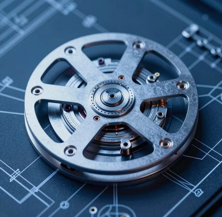 Macro close-up of a complex mechanical blueprint under cool blue light, sharp white technical lines, high contrast, clinical studio framing.