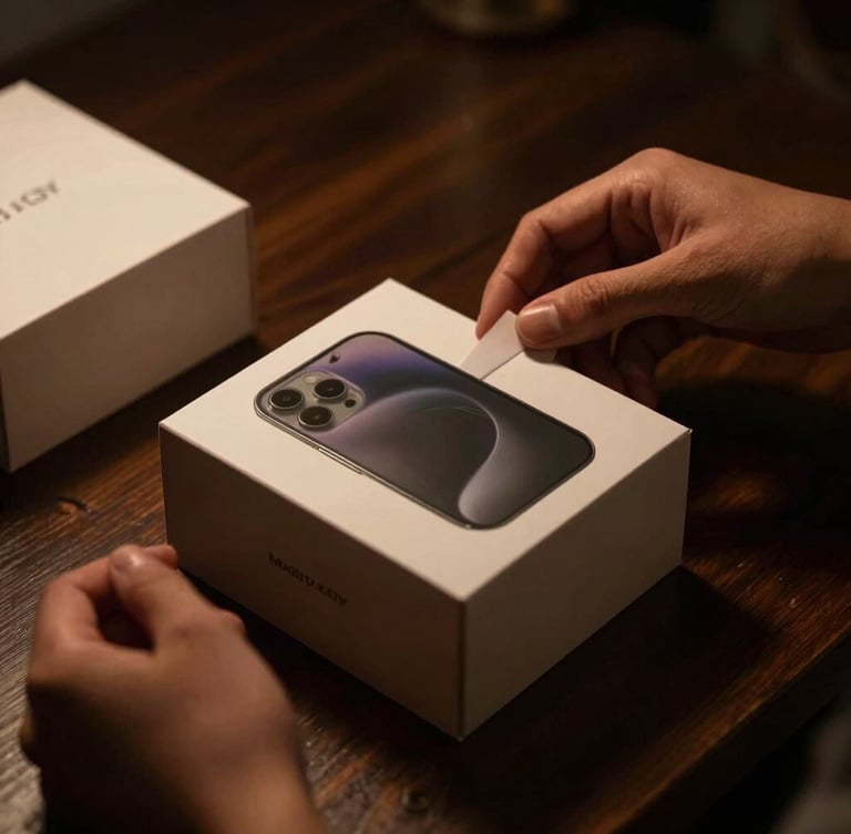 Moody close-up of hands packaging a sleek gadget box on a dark wooden table, warm low-key side lighting, deep shadows, cinematic 35mm photography.