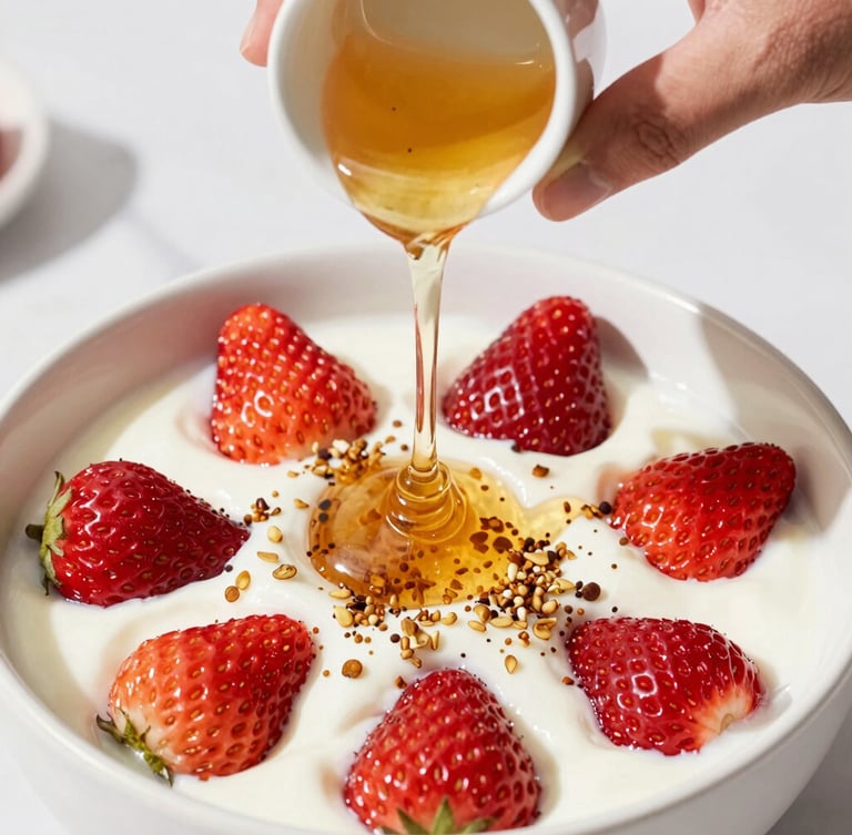 Close-up of hands pouring golden honey over a vibrant yogurt bowl topped with fresh strawberries and amaranth, bright natural daylight, high-detail food photography.