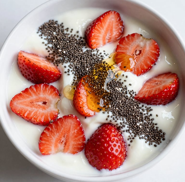 Top-down macro shot of a vibrant yogurt bowl topped with fresh strawberries, chia seeds, and a drizzle of local honey, bright natural daylight, soft shadows