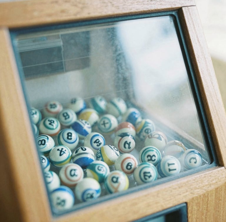 Close-up detail of a physical lottery draw machine with transparent glass and numbered spheres, soft natural overcast light, 35mm