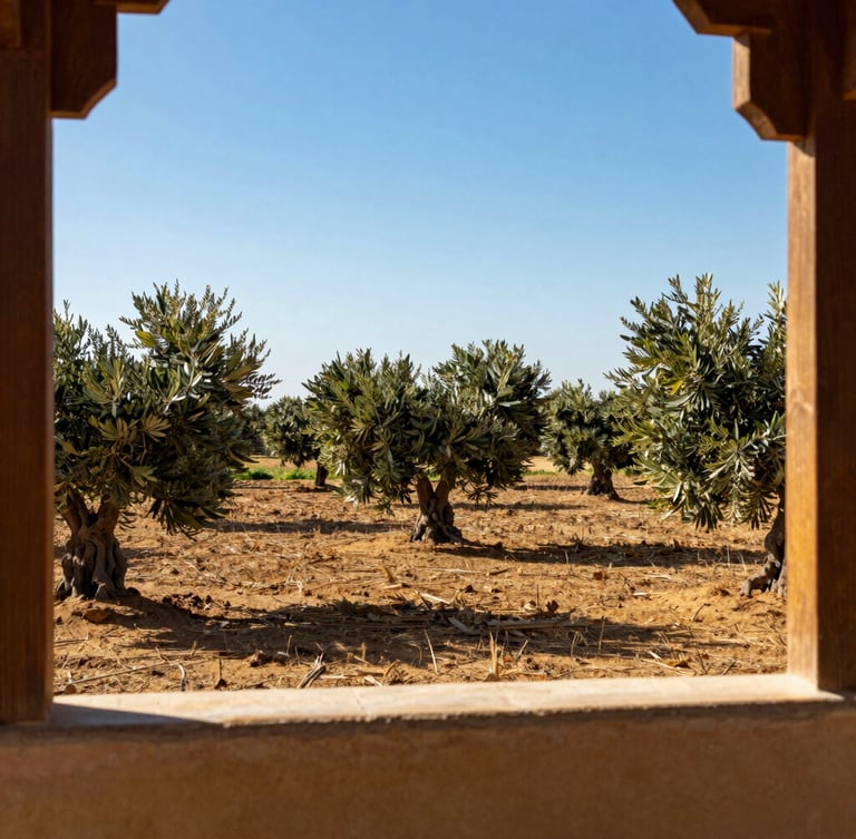 Serene landscape of Tunisian agricultural fields with olive trees under a bright blue sky, with subtle Hanok-inspired wooden architectural framing in the foreground, warm daylight