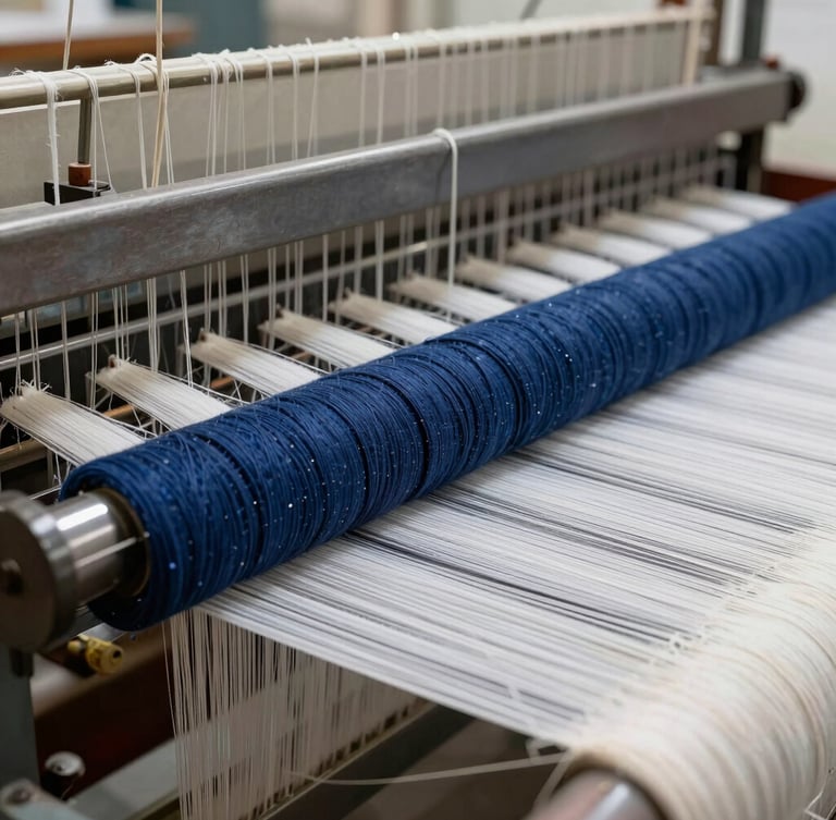Macro photography of raw cotton threads loaded onto a heavy industrial loom, natural task lighting highlighting the high-density warp setup.