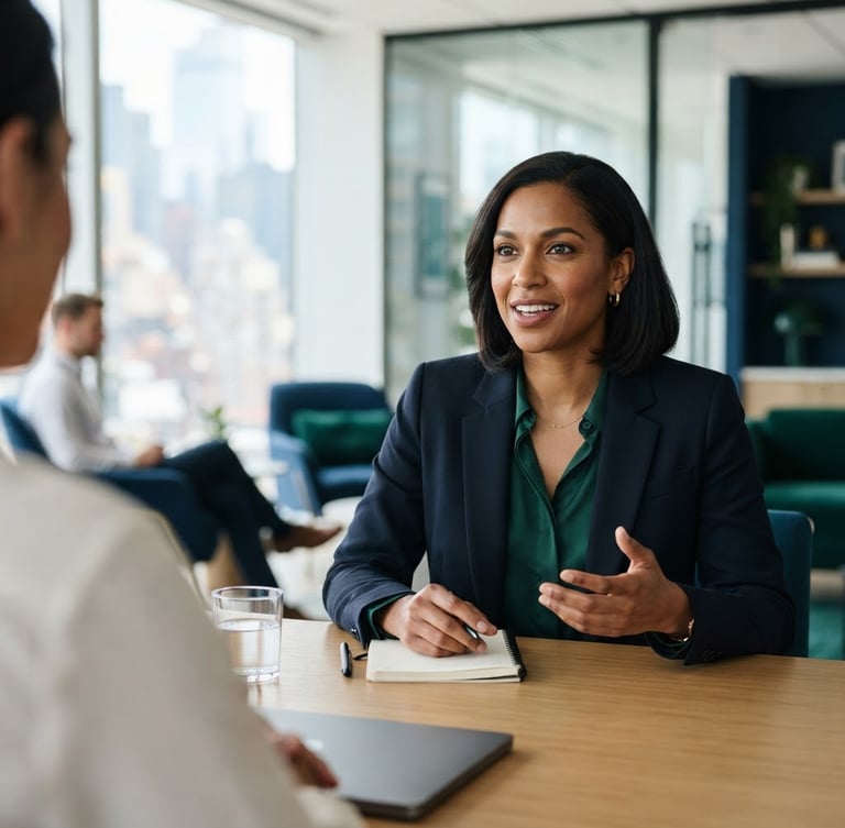 Medium close-up of a professional woman speaking confidently at a modern meeting table, bright natural office light, shallow depth of field, 35mm lens